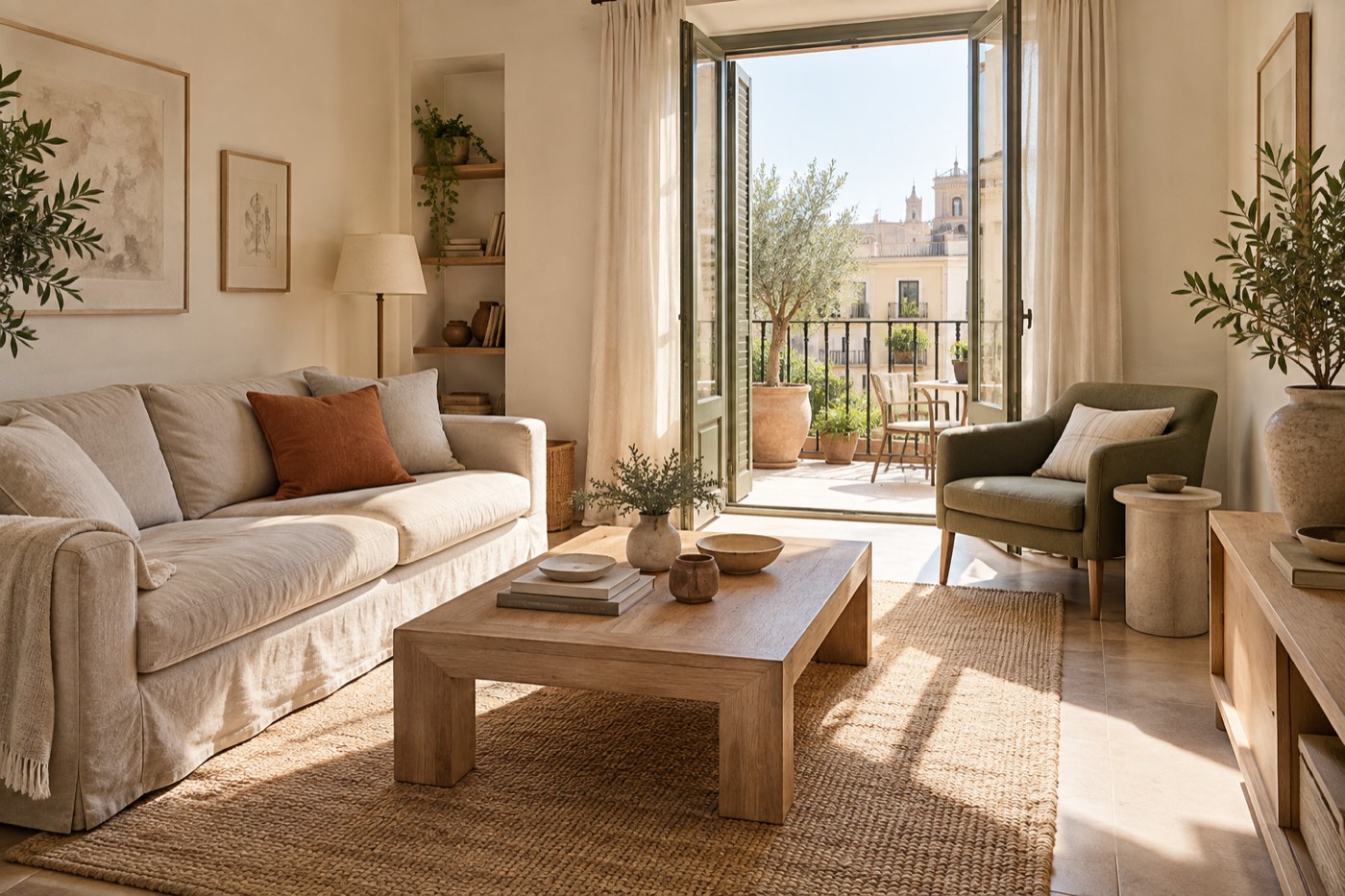 Salón mediterráneo de inspiración, con tonos naturales y luz cálida